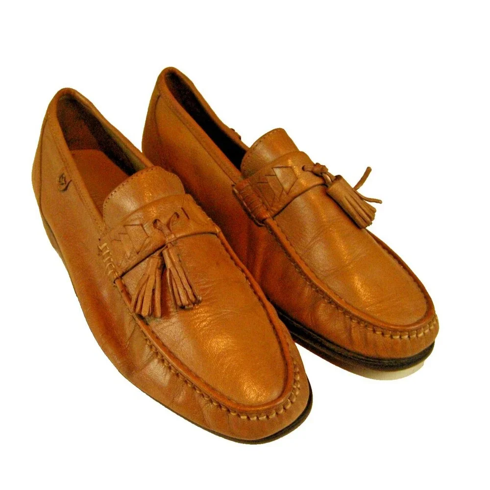 Mens French Shriner Tan Leather Tassle Dress SlipOn Moc Toe Loafer Shoes sz 8.5W